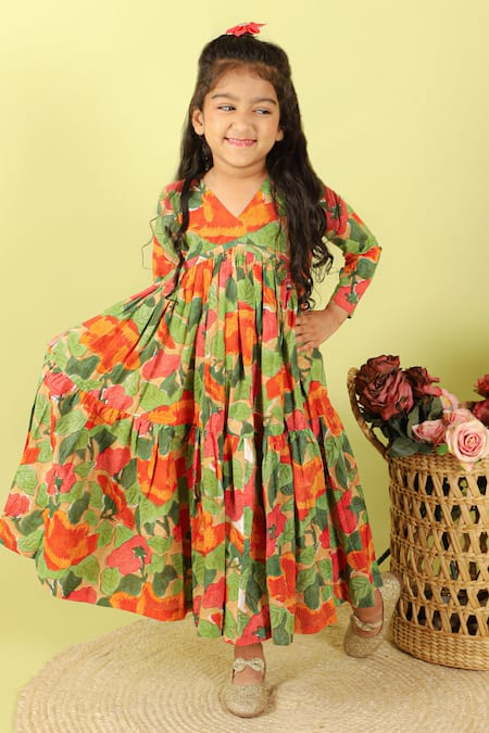 Buy Kalp Green Cotton Raina Floral Print Tiered Dress Online at Aza Fashions Buy_Kalp_Green Cotton Raina Floral Print Tiered Dress _Online_at_Aza_Fashions