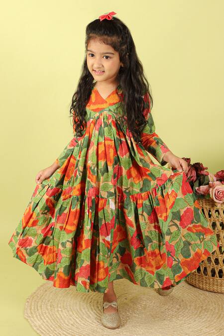 Shop Kalp Green Cotton Raina Floral Print Tiered Dress Online at Aza Fashions Shop_Kalp_Green Cotton Raina Floral Print Tiered Dress _Online_at_Aza_Fashions