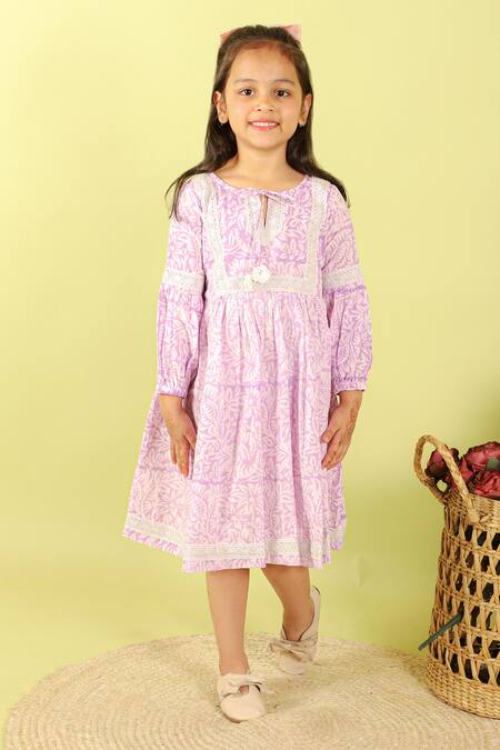 Kalp_Purple Cotton Fabric Flowers Floral Printed Dress _at_Aza_Fashions