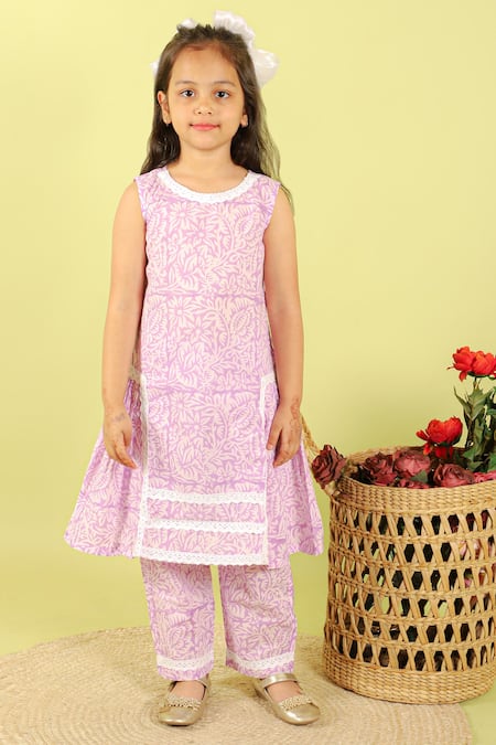 Kalp Purple Cotton Lace, Embroidery Erica Floral Print Kurta And Pant Set