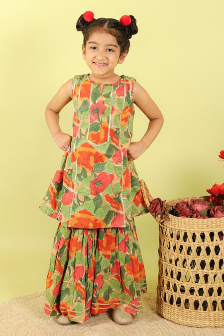 Kalp Green Cotton Lace, Embroidery Jasmine Floral Print Kurta And Sharara Set 