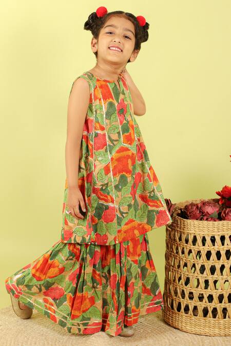 Shop Kalp Green Cotton Lace, Embroidery Jasmine Floral Print Kurta And Sharara Set Online at Aza Fashions Shop_Kalp_Green Cotton Lace, Embroidery Jasmine Floral Print Kurta And Sharara Set _Online_at_Aza_Fashions