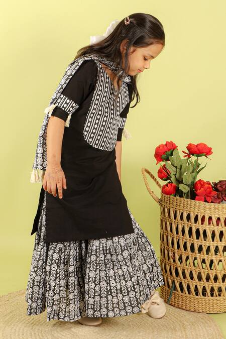 Shop_Kalp_Black Cotton Tassels Laura Floral Print Kurta Sharara Set _Online_at_Aza_Fashions