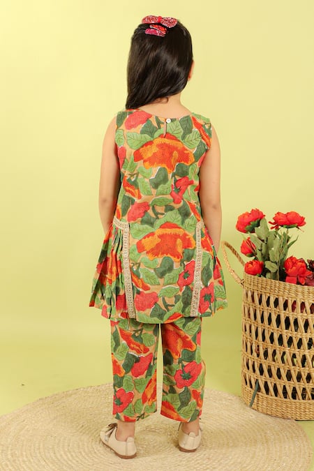 Shop_Kalp_Green Cotton Lace, Embroidery Shirley Floral Print Kurta And Pant Set _at_Aza_Fashions