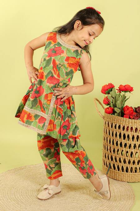 Shop_Kalp_Green Cotton Lace, Embroidery Shirley Floral Print Kurta And Pant Set _Online_at_Aza_Fashions