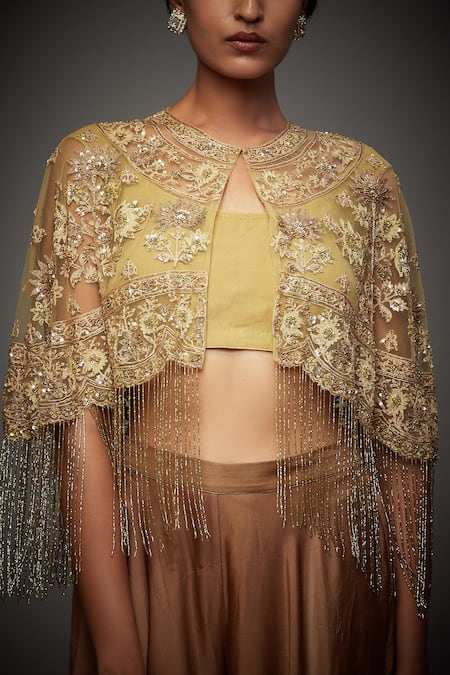 RI.Ritu Kumar Gold Viscose Georgette Embroidery Floral Round Neck Adira Cape Blouse 