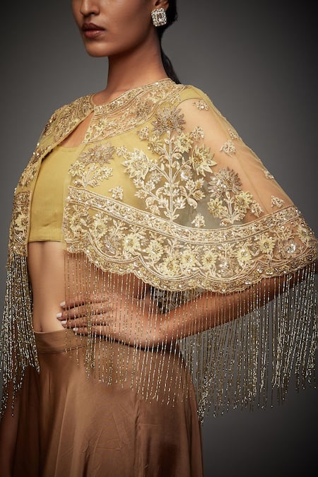 RI.Ritu Kumar_Gold Viscose Georgette Embroidery Floral Round Neck Adira Cape Blouse _Online_at_Aza_Fashions