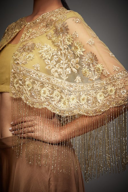 Buy_RI.Ritu Kumar_Gold Viscose Georgette Embroidery Floral Round Neck Adira Cape Blouse _Online_at_Aza_Fashions
