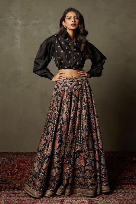 RI.Ritu Kumar Black , Organza Zari Collared Adenia Embroidered Blouson Shirt