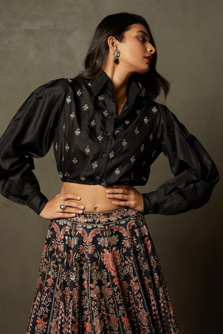 RI.Ritu Kumar Black , Organza Zari Collared Adenia Embroidered Blouson Shirt Online at Aza Fashions RI.Ritu Kumar_Black , Organza Zari Collared Adenia Embroidered Blouson Shirt _Online_at_Aza_Fashions