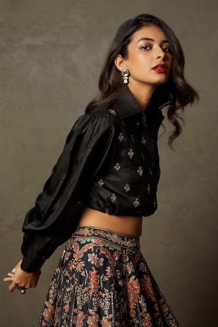 Buy RI.Ritu Kumar Black , Organza Zari Collared Adenia Embroidered Blouson Shirt Online at Aza Fashions Buy_RI.Ritu Kumar_Black , Organza Zari Collared Adenia Embroidered Blouson Shirt _Online_at_Aza_Fashions