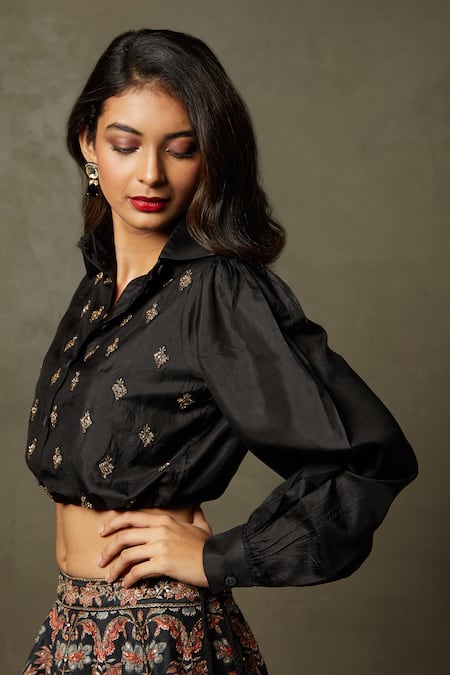 Shop RI.Ritu Kumar Black , Organza Zari Collared Adenia Embroidered Blouson Shirt Online at Aza Fashions Shop_RI.Ritu Kumar_Black , Organza Zari Collared Adenia Embroidered Blouson Shirt _Online_at_Aza_Fashions