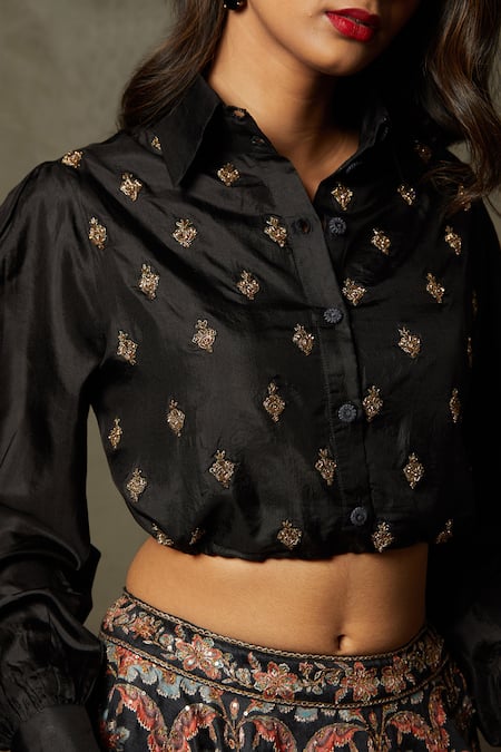 RI.Ritu Kumar Black , Organza Zari Collared Adenia Embroidered Blouson Shirt at Aza Fashions RI.Ritu Kumar_Black , Organza Zari Collared Adenia Embroidered Blouson Shirt _at_Aza_Fashions