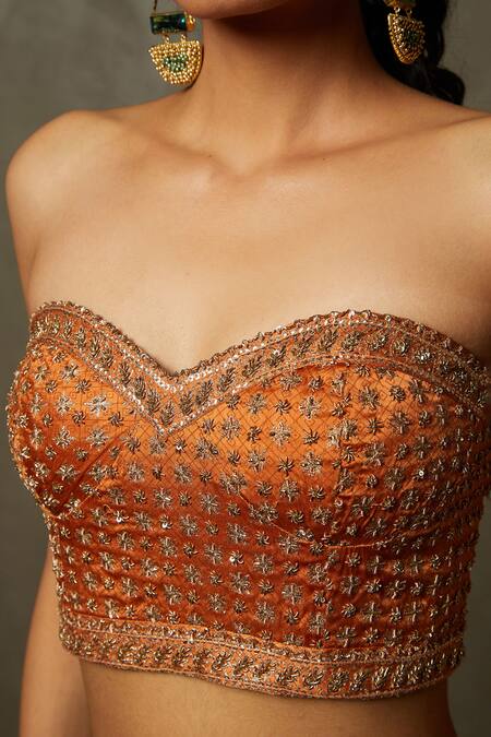 Shop_RI.Ritu Kumar_Orange Silk Satin Embroidery Zardozi Sweetheart Neck Tania Off Shoulder Blouse _Online_at_Aza_Fashions