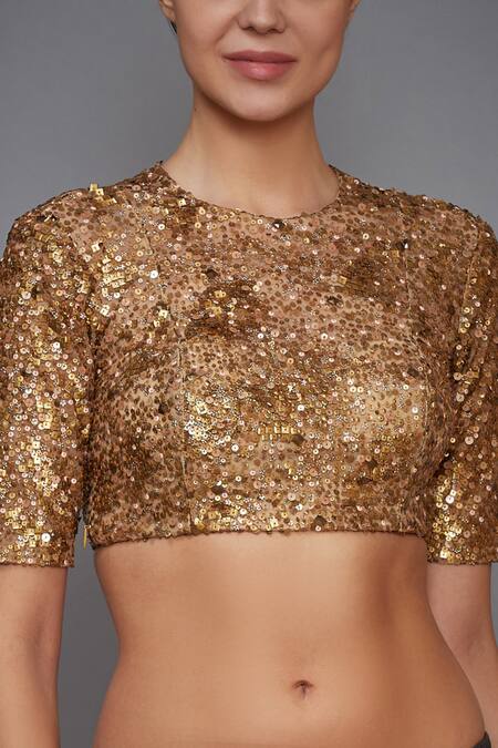 Buy RI.Ritu Kumar Gold Silk Dupion Embellished Sequins Round Neck Half Sleeve Blouse at Aza Fashions Buy_RI.Ritu Kumar_Gold Silk Dupion Embellished Sequins Round Neck Half Sleeve Blouse_at_Aza_Fashions