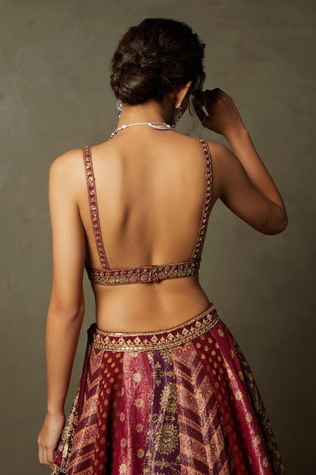 Shop RI.Ritu Kumar Maroon Silk Dupion Embellished Sequins Deep V Neck Ishana Blouse at Aza Fashions Shop_RI.Ritu Kumar_Maroon Silk Dupion Embellished Sequins Deep V Neck Ishana Blouse _at_Aza_Fashions