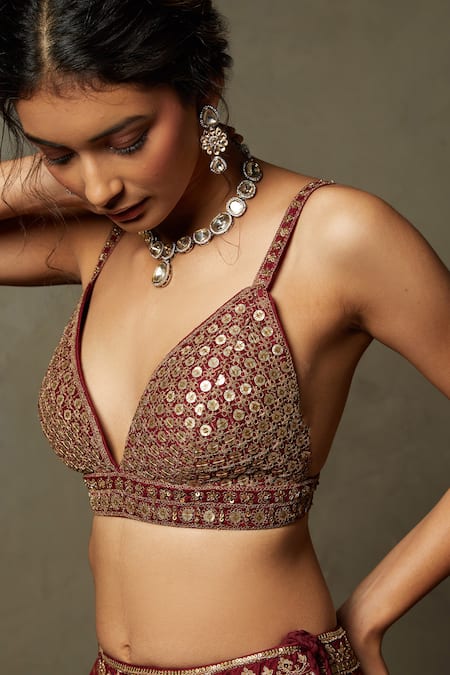 RI.Ritu Kumar Maroon Silk Dupion Embellished Sequins Deep V Neck Ishana Blouse Online at Aza Fashions RI.Ritu Kumar_Maroon Silk Dupion Embellished Sequins Deep V Neck Ishana Blouse _Online_at_Aza_Fashions