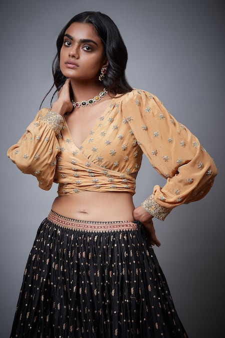 RI.Ritu Kumar Gold Silk Dupion Hand Embroidery Floral Deep V Neck Satnam Zardozi Wrap Blouse