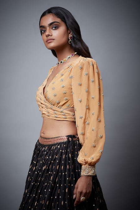 RI.Ritu Kumar Gold Silk Dupion Hand Embroidery Floral Deep V Neck Satnam Zardozi Wrap Blouse Online at Aza Fashions RI.Ritu Kumar_Gold Silk Dupion Hand Embroidery Floral Deep V Neck Satnam Zardozi Wrap Blouse _Online_at_Aza_Fashions