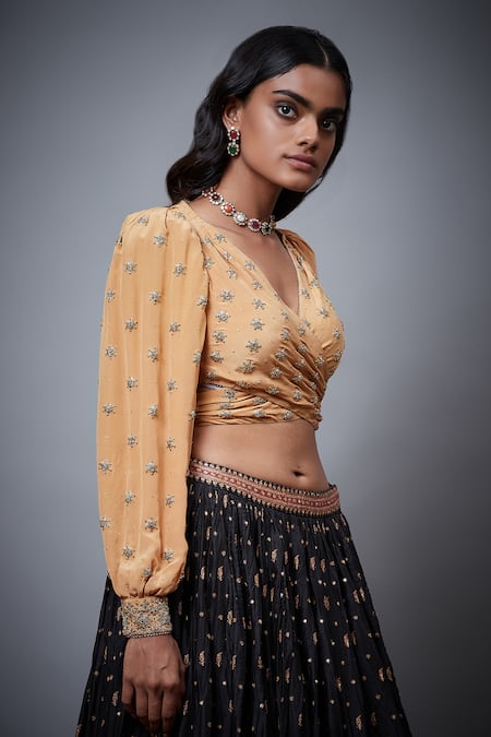 Buy RI.Ritu Kumar Gold Silk Dupion Hand Embroidery Floral Deep V Neck Satnam Zardozi Wrap Blouse Online at Aza Fashions Buy_RI.Ritu Kumar_Gold Silk Dupion Hand Embroidery Floral Deep V Neck Satnam Zardozi Wrap Blouse _Online_at_Aza_Fashions