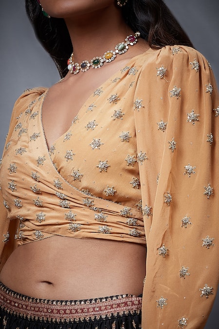 Shop RI.Ritu Kumar Gold Silk Dupion Hand Embroidery Floral Deep V Neck Satnam Zardozi Wrap Blouse Online at Aza Fashions Shop_RI.Ritu Kumar_Gold Silk Dupion Hand Embroidery Floral Deep V Neck Satnam Zardozi Wrap Blouse _Online_at_Aza_Fashions