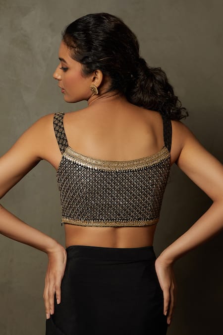 Shop RI.Ritu Kumar Black Rayon Crepe Hand Embroidery Sequins Deep V Neck Nishi Blouse at Aza Fashions Shop_RI.Ritu Kumar_Black Rayon Crepe Hand Embroidery Sequins Deep V Neck Nishi Blouse _at_Aza_Fashions