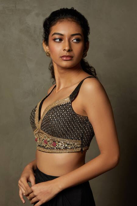 RI.Ritu Kumar Black Rayon Crepe Hand Embroidery Sequins Deep V Neck Nishi Blouse Online at Aza Fashions RI.Ritu Kumar_Black Rayon Crepe Hand Embroidery Sequins Deep V Neck Nishi Blouse _Online_at_Aza_Fashions