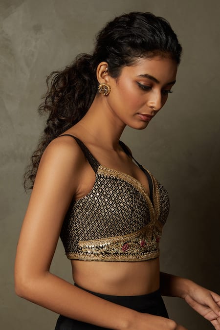 Buy RI.Ritu Kumar Black Rayon Crepe Hand Embroidery Sequins Deep V Neck Nishi Blouse Online at Aza Fashions Buy_RI.Ritu Kumar_Black Rayon Crepe Hand Embroidery Sequins Deep V Neck Nishi Blouse _Online_at_Aza_Fashions