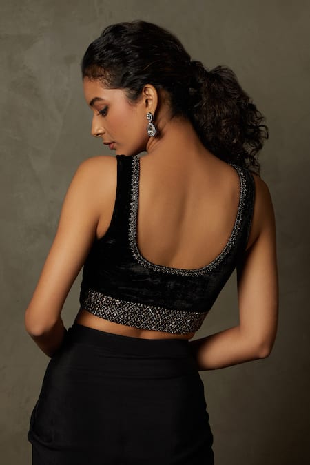 Shop RI.Ritu Kumar Black Poly Dupion Hand Embroidery Zardozi Tikki Mohi Placement Blouse at Aza Fashions Shop_RI.Ritu Kumar_Black Poly Dupion Hand Embroidery Zardozi Tikki Mohi Placement Blouse _at_Aza_Fashions