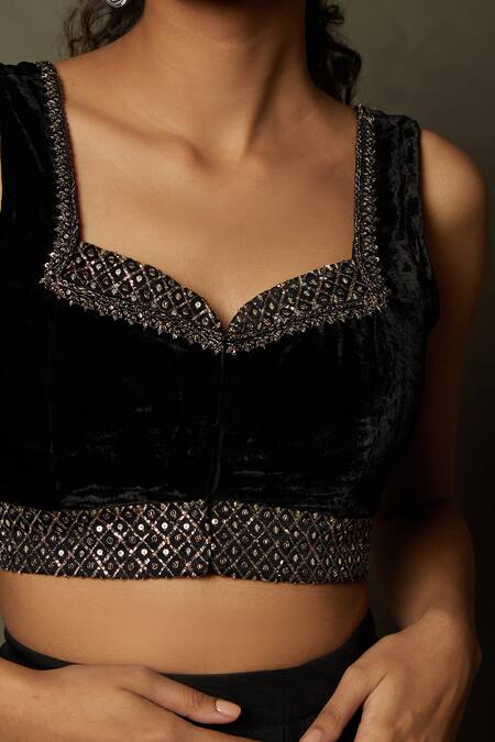 Shop RI.Ritu Kumar Black Poly Dupion Hand Embroidery Zardozi Tikki Mohi Placement Blouse Online at Aza Fashions Shop_RI.Ritu Kumar_Black Poly Dupion Hand Embroidery Zardozi Tikki Mohi Placement Blouse _Online_at_Aza_Fashions