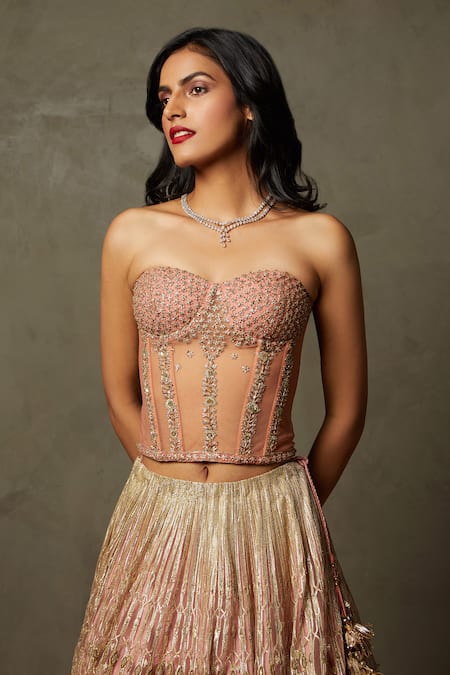 RI.Ritu Kumar Peach Net Embroidery Gota Sweetheart Neck Chanda Floral Corset Blouse 