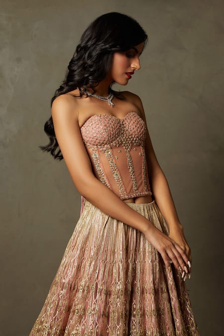 RI.Ritu Kumar_Peach Net Embroidery Gota Sweetheart Neck Floral Corset Blouse _Online_at_Aza_Fashions