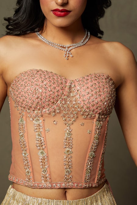 Buy_RI.Ritu Kumar_Peach Net Embroidery Gota Sweetheart Neck Floral Corset Blouse _Online_at_Aza_Fashions