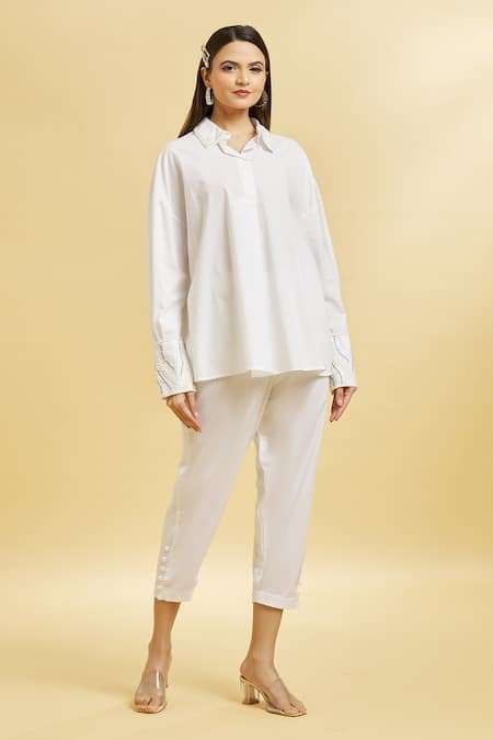 Buy_Soha By Harleen And Sona_White Cotton Embroidery Shawl Neck Collar Shirt _Online_at_Aza_Fashions