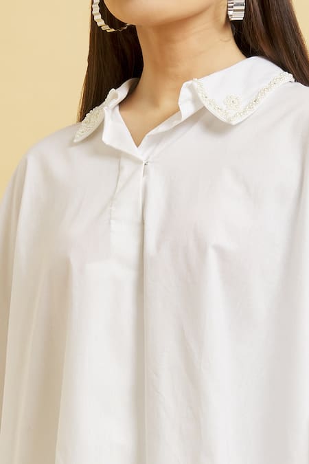 Shop_Soha By Harleen And Sona_White Cotton Embroidery Shawl Neck Collar Shirt _Online_at_Aza_Fashions