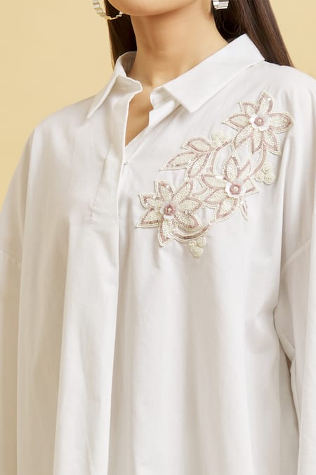 Soha By Harleen And Sona_White Cotton Embroidery, Pearls Shawl Neck Patch Shirt And Cigarette Pant Set _Online_at_Aza_Fashions