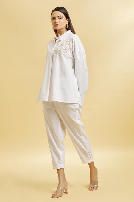 Buy_Soha By Harleen And Sona_White Cotton Embroidery, Pearls Shawl Neck Patch Shirt And Cigarette Pant Set _Online_at_Aza_Fashions