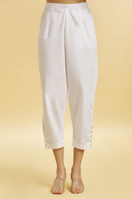 Shop_Soha By Harleen And Sona_White Cotton Embroidery, Pearls Shawl Neck Patch Shirt And Cigarette Pant Set _Online_at_Aza_Fashions