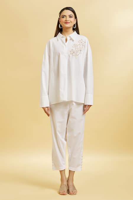 Soha By Harleen And Sona_White Cotton Embroidery, Pearls Shawl Neck Patch Shirt And Cigarette Pant Set _at_Aza_Fashions