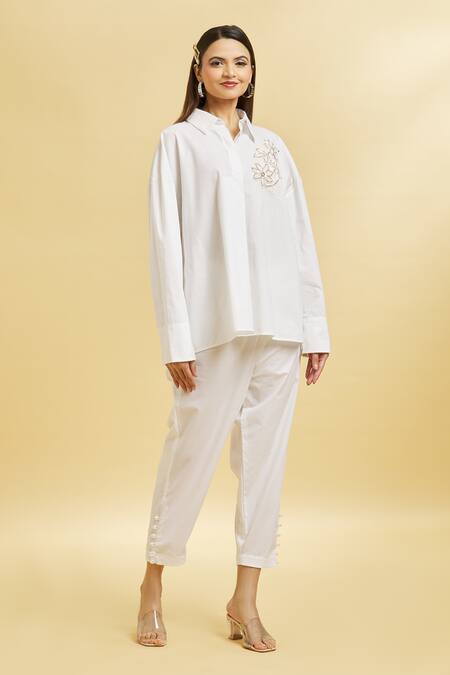 Soha By Harleen And Sona_White Cotton Embroidery Shawl Neck Patch Shirt _Online_at_Aza_Fashions