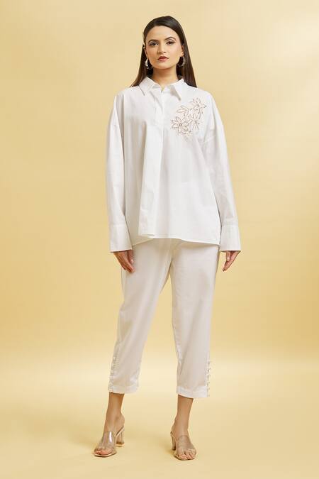 Buy_Soha By Harleen And Sona_White Cotton Embroidery Shawl Neck Patch Shirt _Online_at_Aza_Fashions