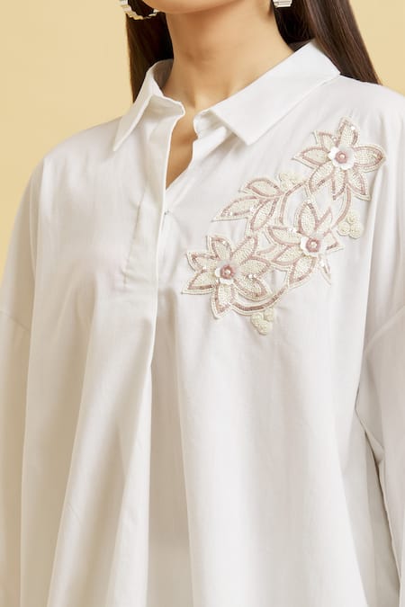 Shop_Soha By Harleen And Sona_White Cotton Embroidery Shawl Neck Patch Shirt _Online_at_Aza_Fashions