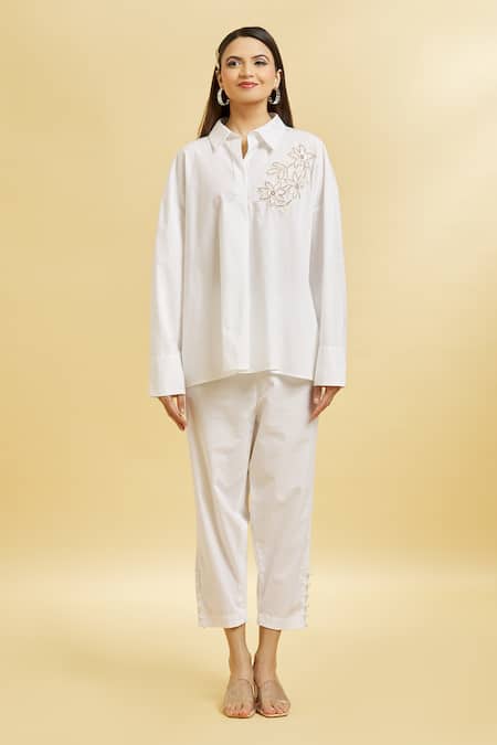 Soha By Harleen And Sona_White Cotton Embroidery Shawl Neck Patch Shirt _at_Aza_Fashions