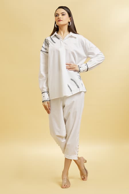 Soha by Harleen and Sona Glass Beads Embroidered Shirt & Cigarette Pant Set 