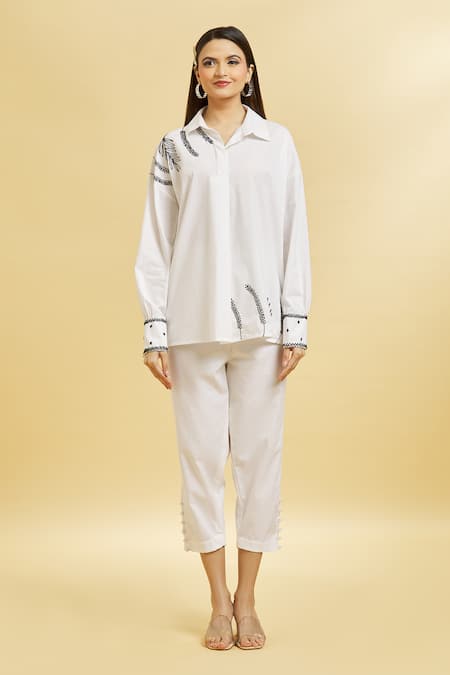 Soha By Harleen And Sona_White Cotton Beads, Sequins, Glass Embroidered Shirt And Cigarette Pant Set _Online_at_Aza_Fashions