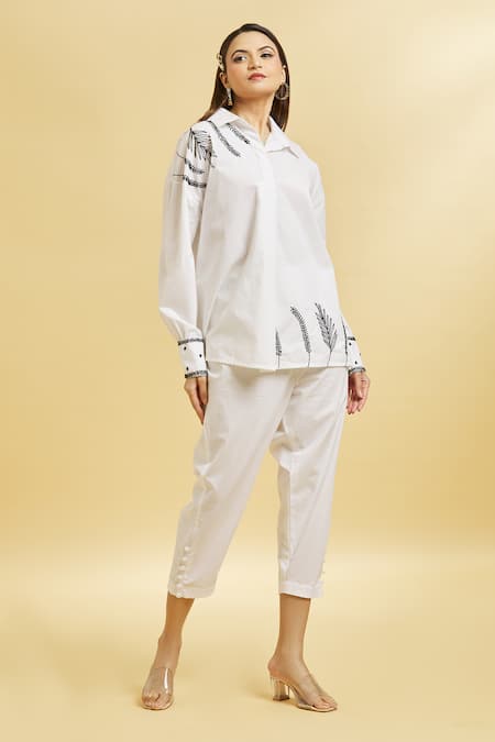 Buy_Soha By Harleen And Sona_White Cotton Beads, Sequins, Glass Embroidered Shirt And Cigarette Pant Set _Online_at_Aza_Fashions