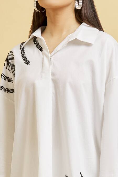 Shop_Soha By Harleen And Sona_White Cotton Beads, Sequins, Glass Embroidered Shirt And Cigarette Pant Set _Online_at_Aza_Fashions