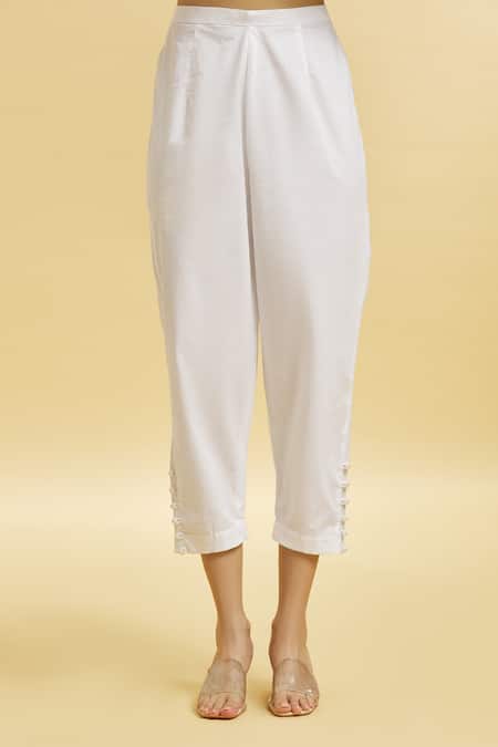 Soha By Harleen And Sona_White Cotton Beads, Sequins, Glass Embroidered Shirt And Cigarette Pant Set _at_Aza_Fashions