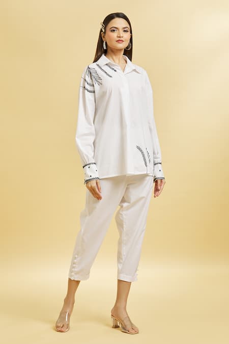 Buy_Soha By Harleen And Sona_White Cotton Embroidery Glass Beads Shirt _Online_at_Aza_Fashions