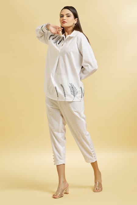 Shop_Soha By Harleen And Sona_White Cotton Embroidery Glass Beads Shirt _Online_at_Aza_Fashions